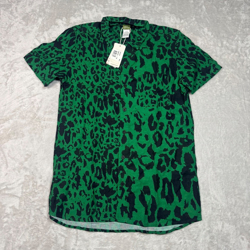 NWT Agua Bendita Womens Short Sleeve Button Linen Blend Shirt M Green Leopard